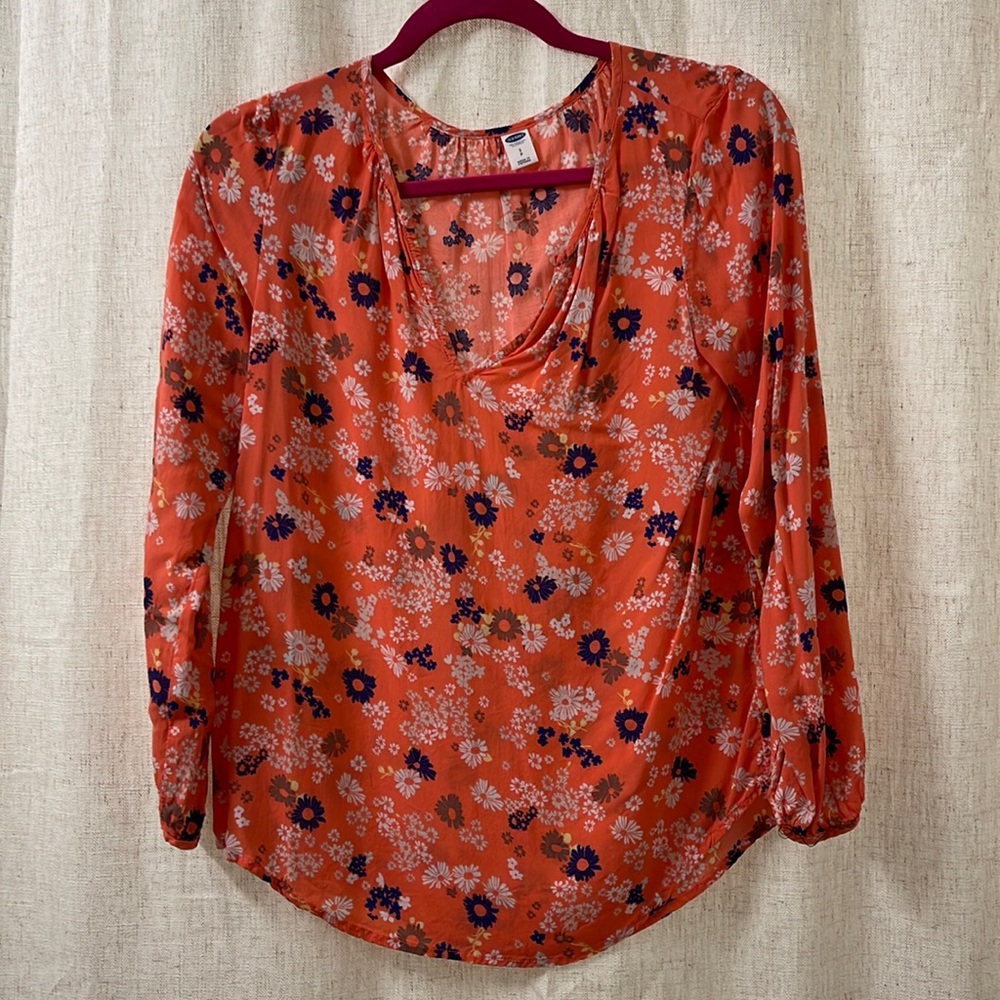 Old Navy, three-quarter sleeve blouse, pink with flowers, size small